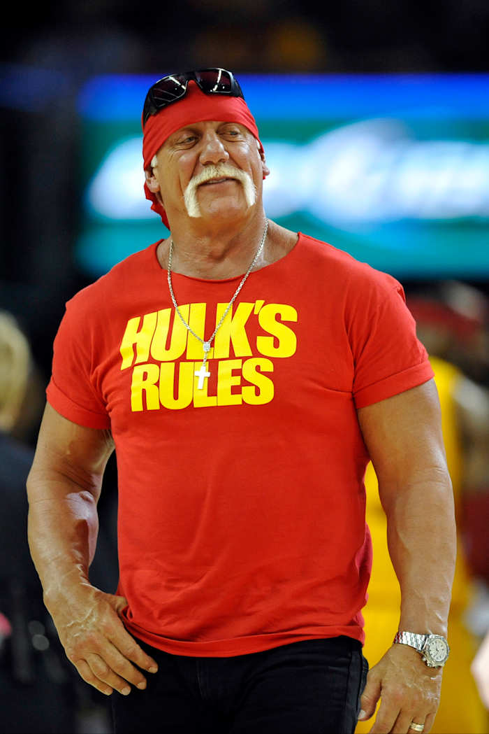 Nov 19, 2014; Cleveland, OH, USA; Professional wrestler Hulk Hogan stands on the court before a game between the Cleveland Cavaliers and the San Antonio Spurs at Quicken Loans Arena. Mandatory Credit: David Richard-USA TODAY Sports